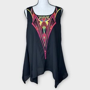 Bisou Bisou Michele Bohbot‎ Black Sleeveless Top Embroidered Geometric Size M